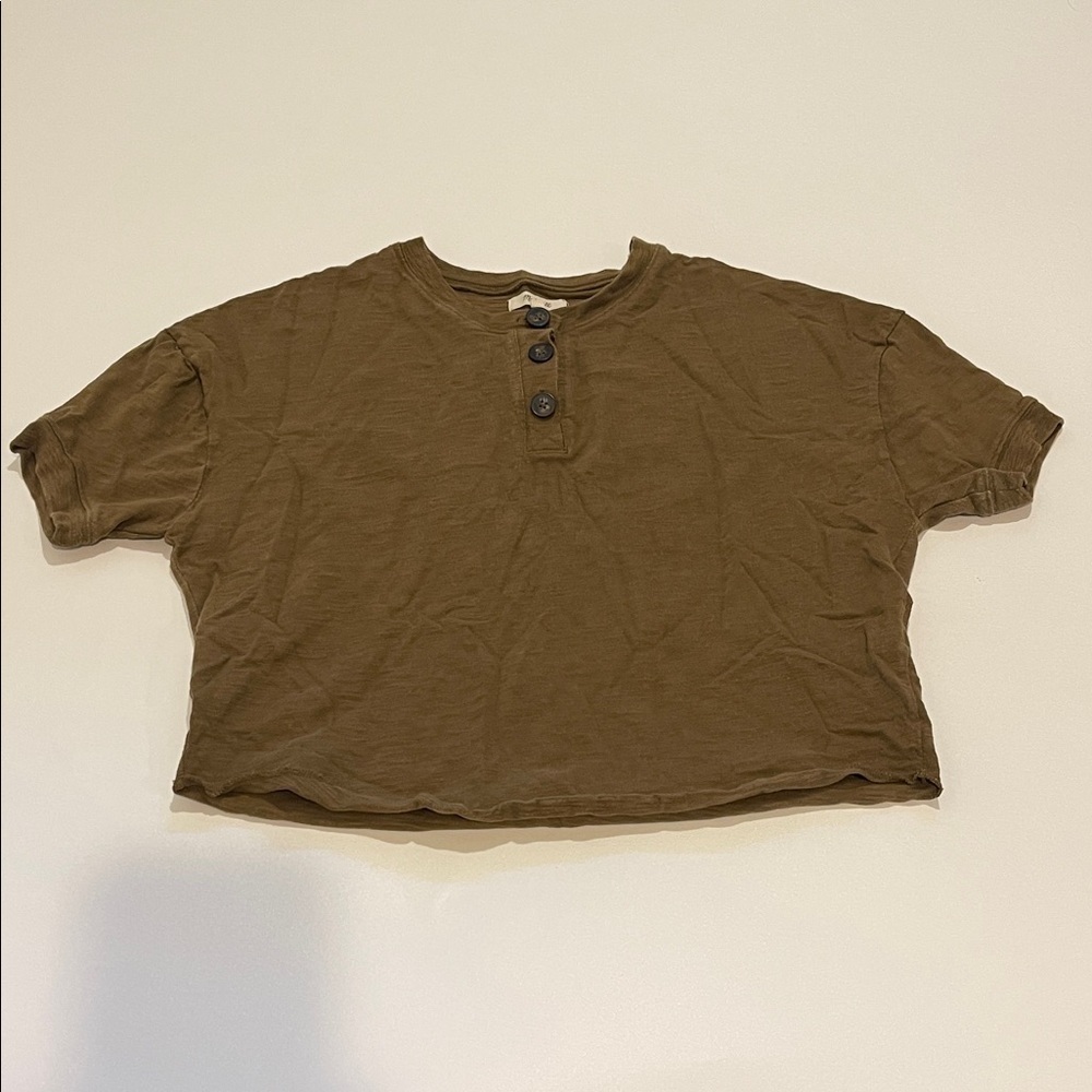 Madewell Raw Edge Henley Crop Top Olive Green